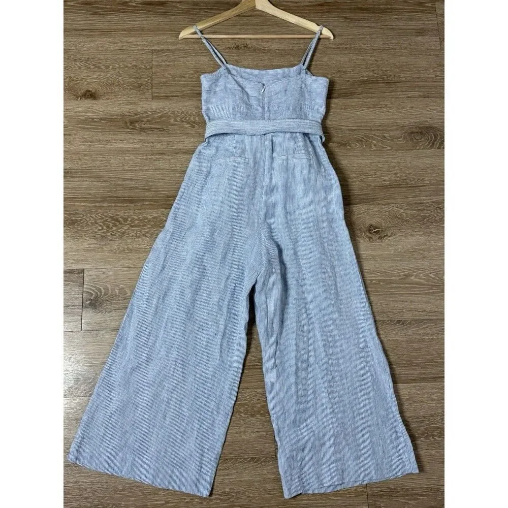 J. Crew Women’s Blue White Striped Linen Wide Leg Jumpsuit Preppy Size 0